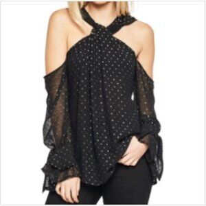 Bardot Metallic Swiss Dot Cold-Shoulder Top S